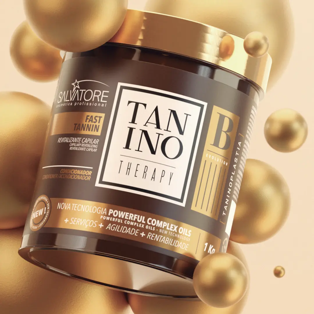 Produto Tanino Therapy da Salvatore em destaque: pote de 1kg do Fast Tannin, revitalizante capilar condicionador em embalagem preta e dourada. O produto apresenta nova tecnologia Powerful Complex Oils com benefícios de serviços, agilidade e rentabilidade. A imagem tem fundo dourado artístico com esferas douradas flutuantes em diferentes tamanhos, criando um ambiente luxuoso e sofisticado. O rótulo indica 'NEW' e destaca as propriedades revitalizantes do tratamento capilar profissional